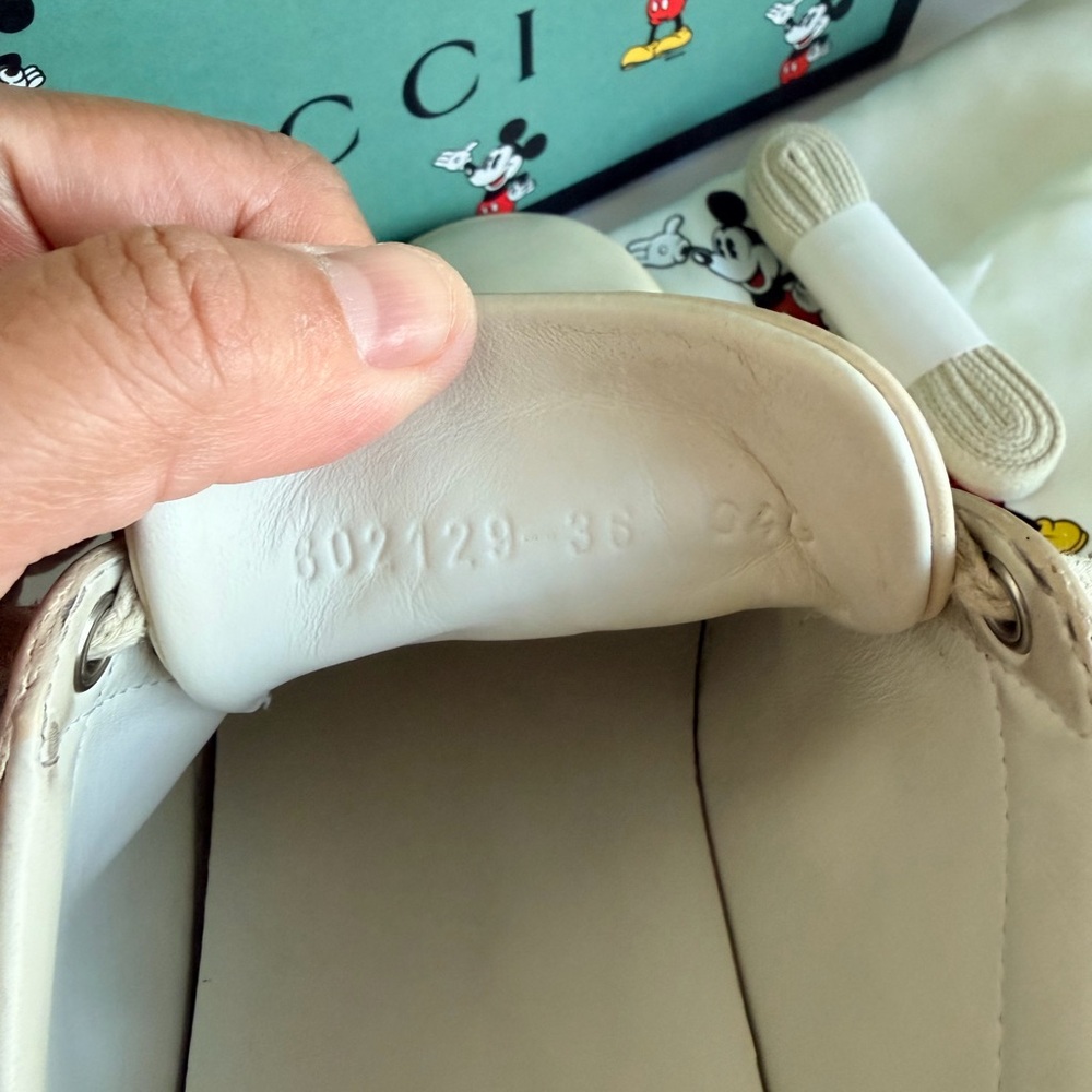 PRE - LOVED: Gucci Cream Leather Mickey Sneakers with Orange Heel - Picture 7 of 13